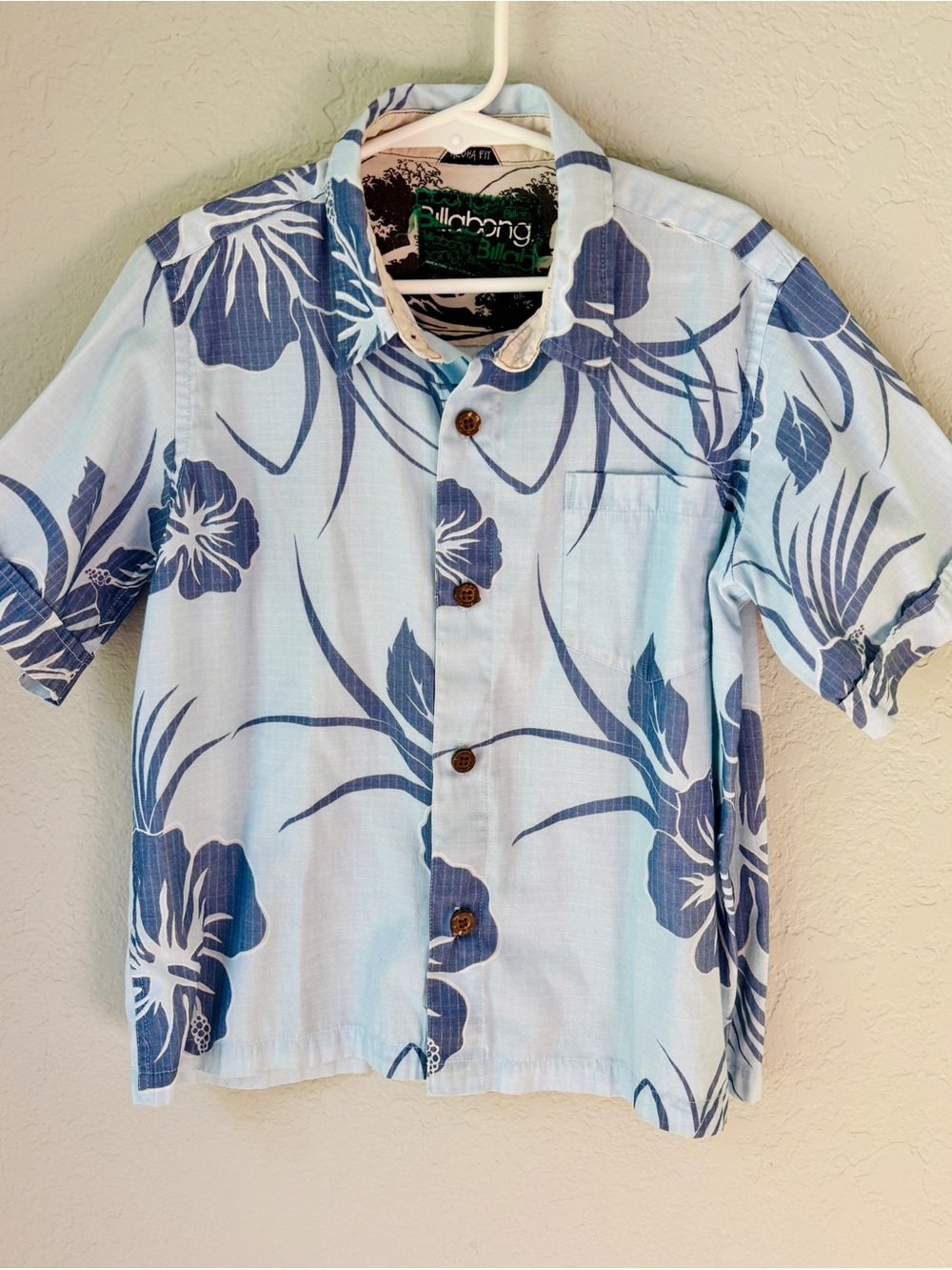 Billabong Boys Hawaiian Shirt Size 6 Blue Hibiscus Floral Button Down Aloha